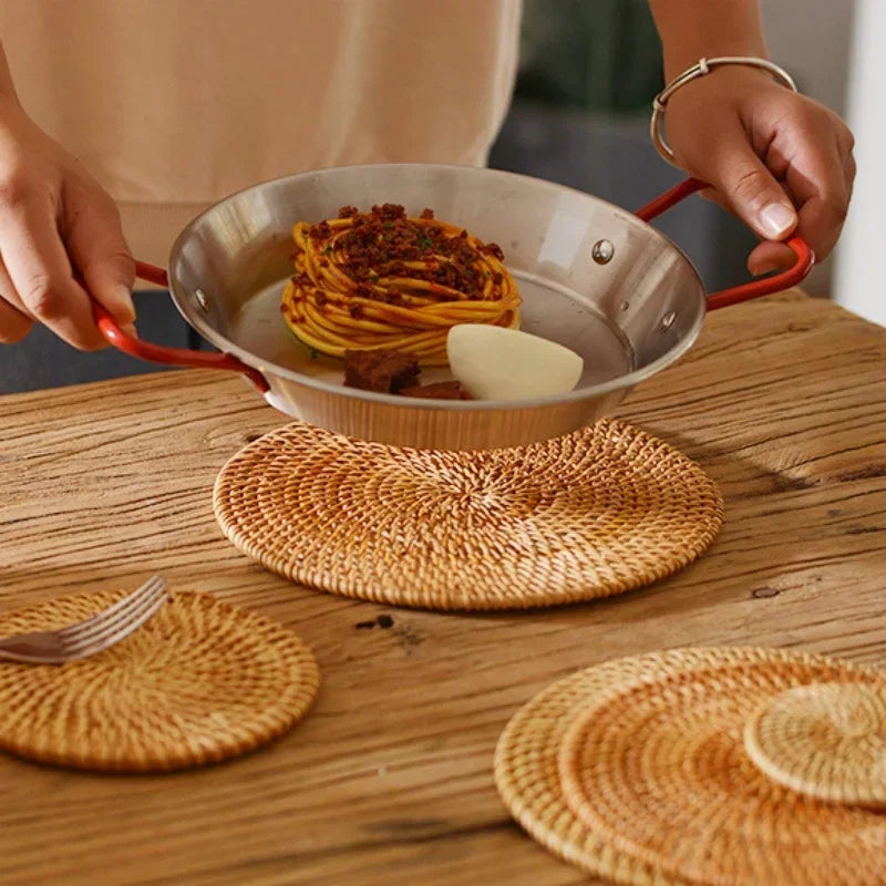 Heritage Round Rattan Coaster Set | 6-Piece Woven Drink Mats