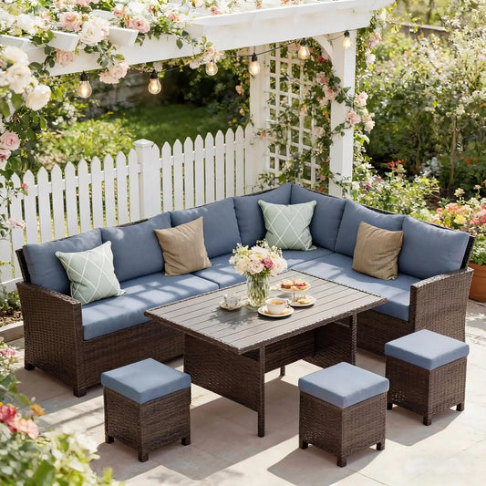 7 Piece Patio Furniture Set, High Curved Back, Wicker, All Weather Outdoor