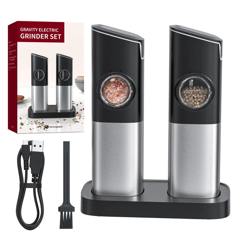 Gravity Electric Salt and Pepper Grinder Set Large Capacity Rechargeable Automatic One Hand Operated Kitchen Tool