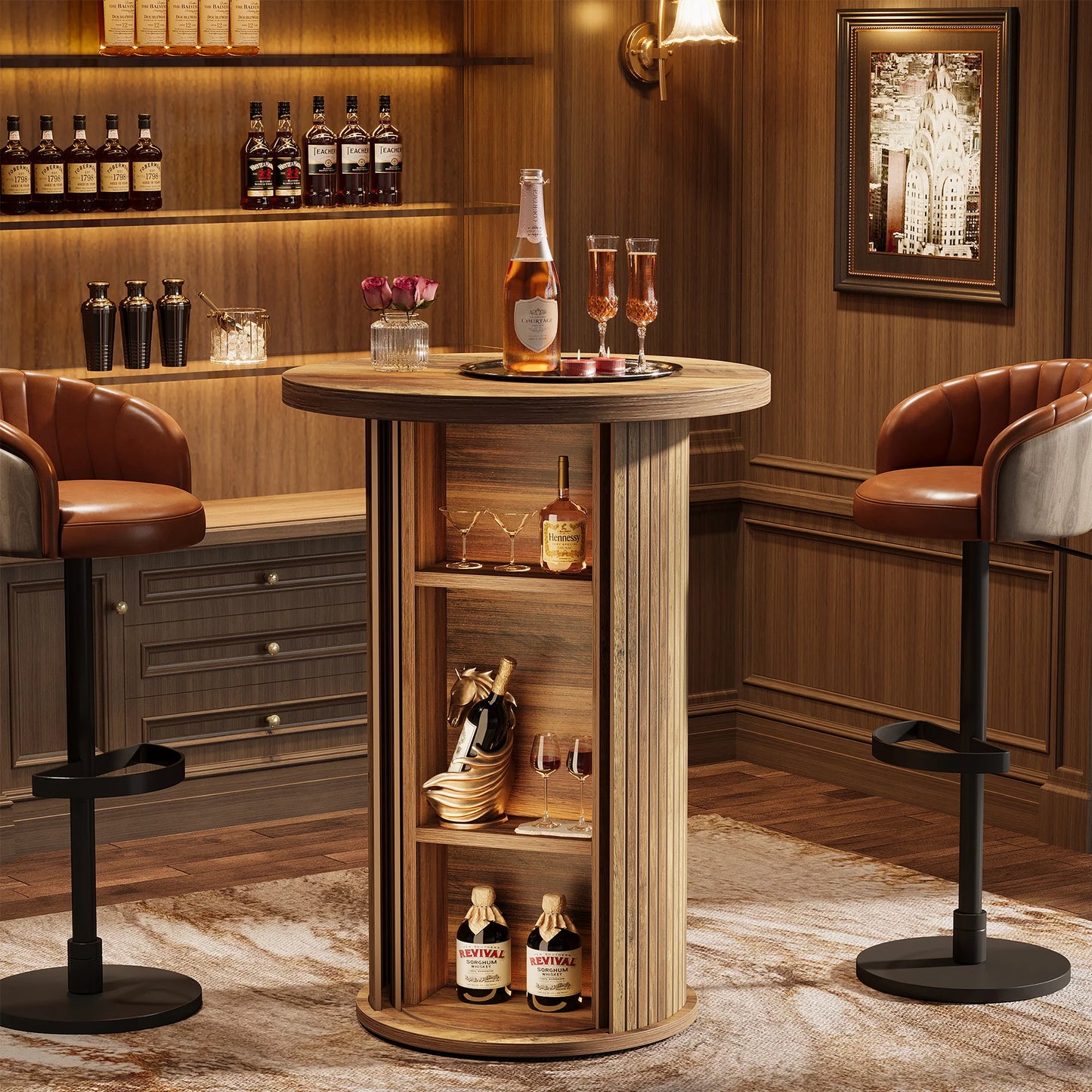 Round Pub Table, Rustic Cocktail Table with 3-Tier Hidden Storage Shelves