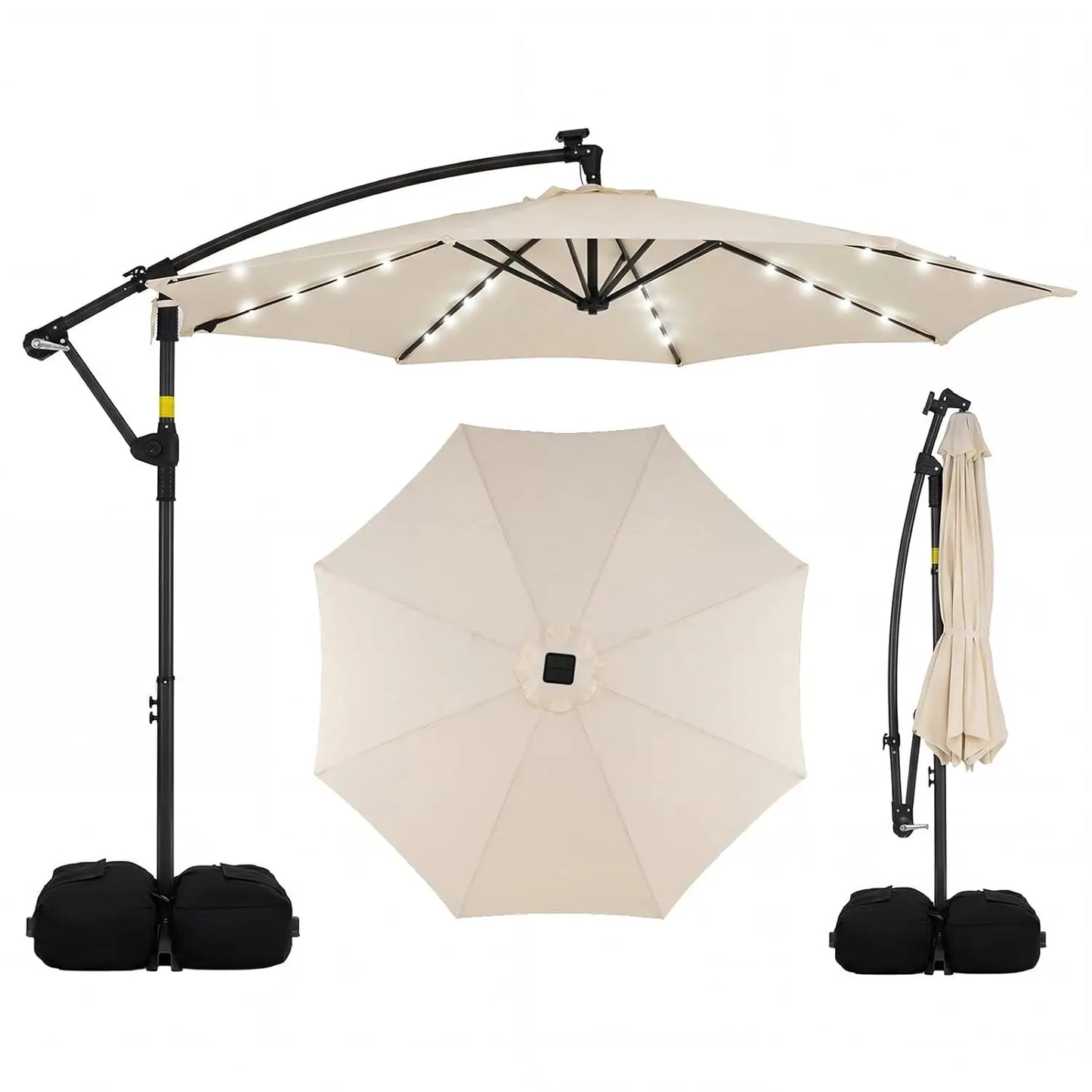 10FT Solar Cantilever Patio Umbrella with Base – Offset Umbrella with 32 LED Lights & Infinite Tilt