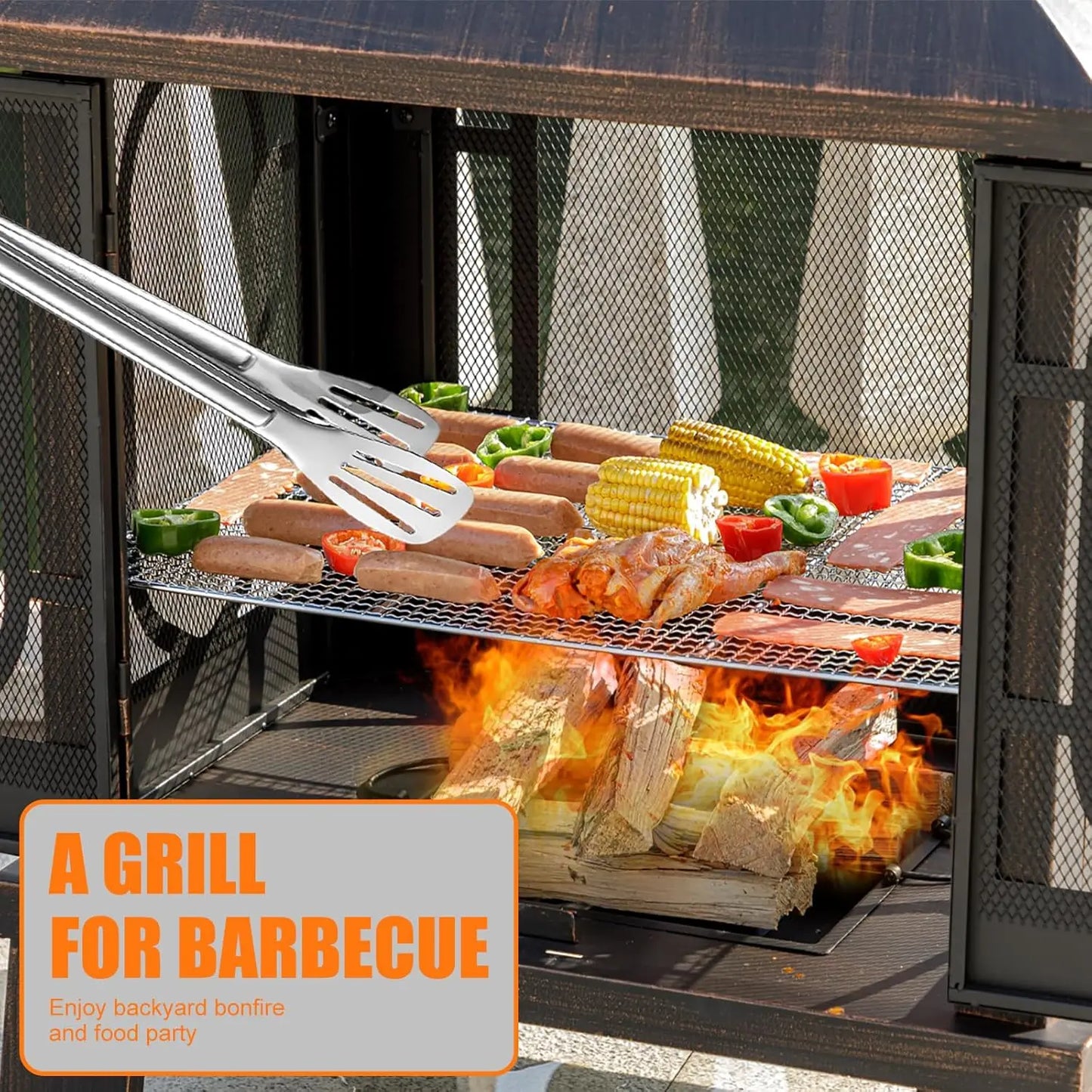 45"H×31''W Metal Square Chiminea Fire Pit with Grill, Wood Burning Fire Pits for Outside