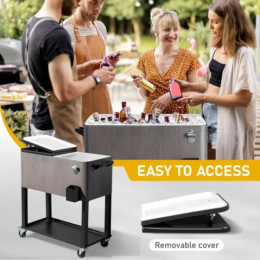 80QT Patio Party Cooler Cart – Rolling Ice Chest with Storage Tray, Wheels & Built‑In Bottle Opener
