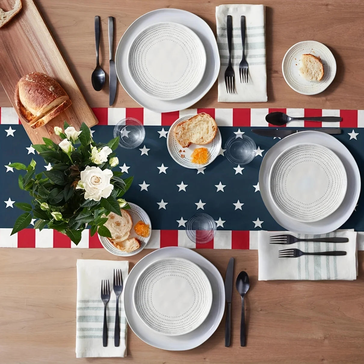 Patriotic American Flag Linen Table Runner - Stars & Stripes 4th of July Decor, Accent for Independence Day Party