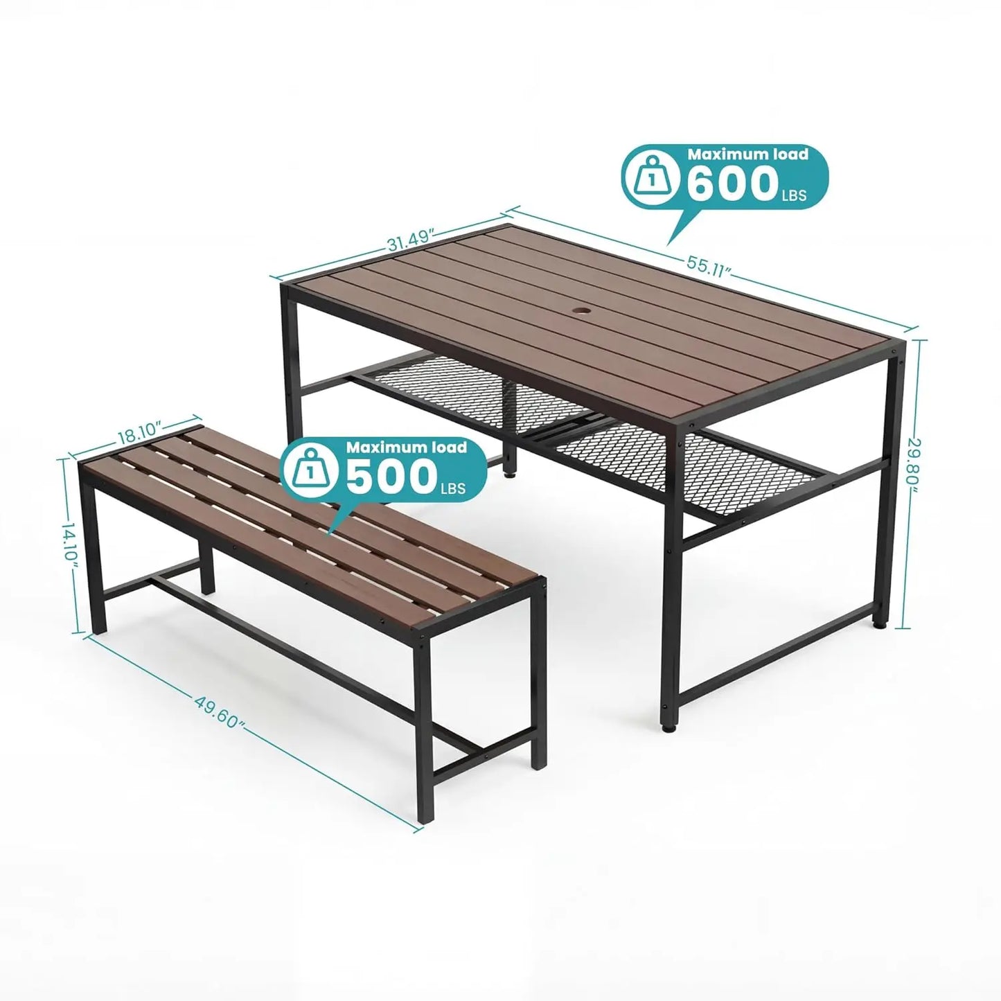 55" HDPE Picnic Table Set – Umbrella Hole, Shelf & 2 Movable Benches, All‑Weather Metal Frame