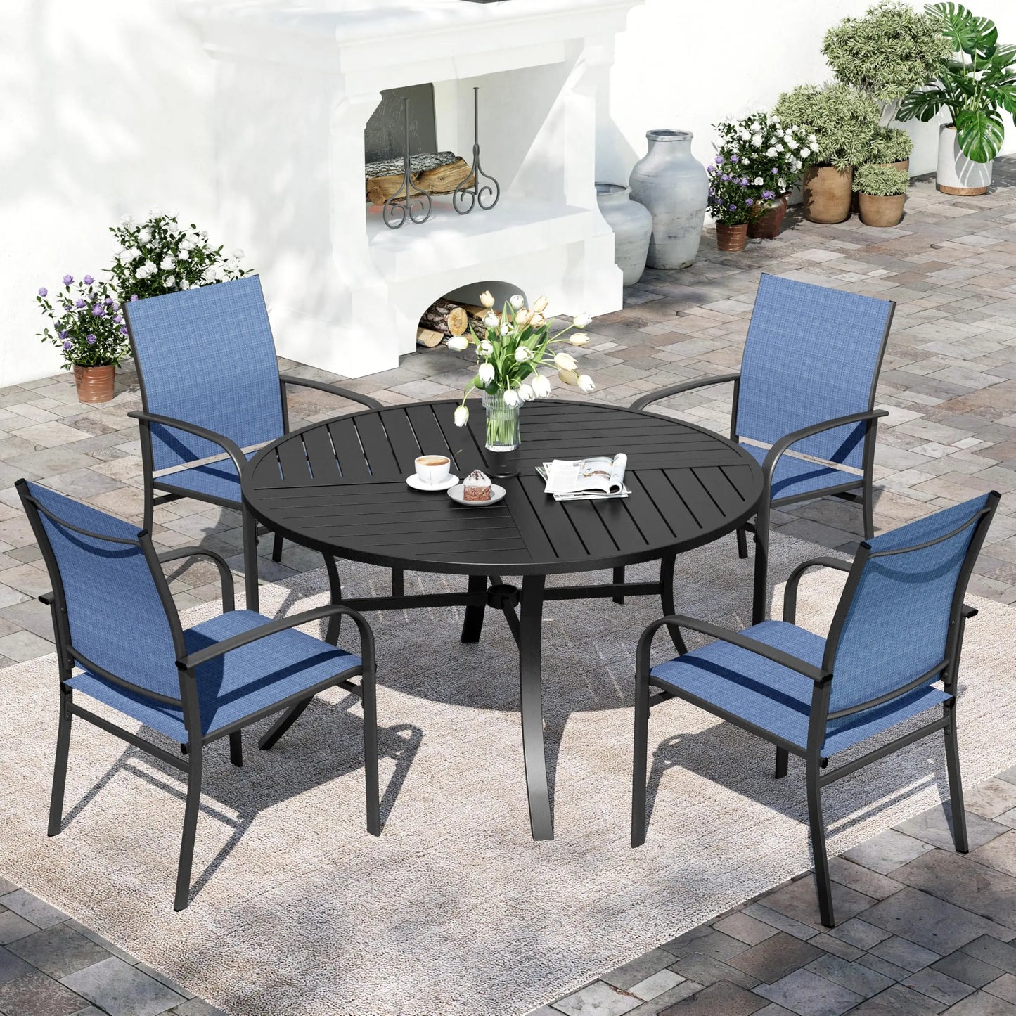 Outdoor Patio Dining Set (5/9/10‑Piece) – Square Table with Umbrella Hole & Metal Brown Chairs