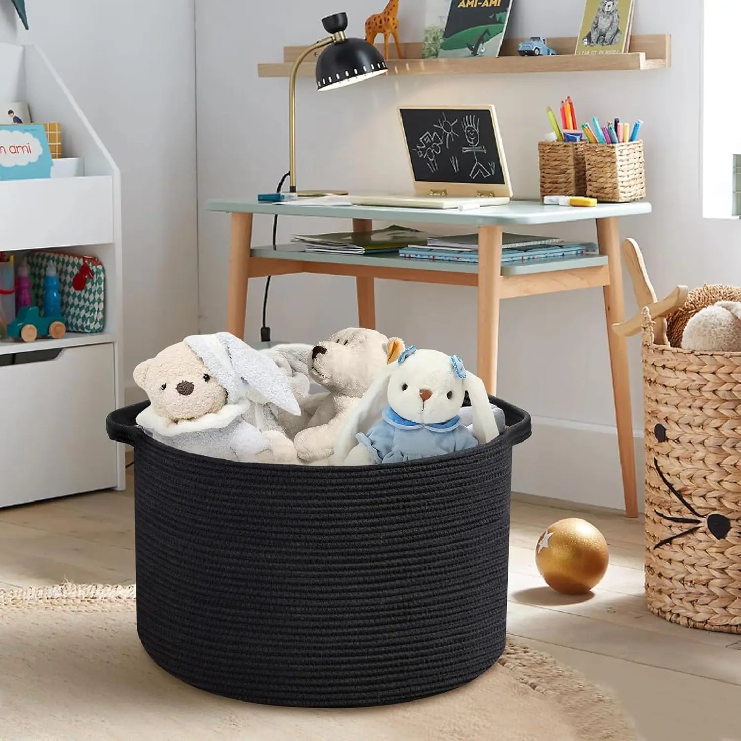 Large Black Woven Rope Storage Basket, 22x22x14 Inch Blanket Holder Toy Organizer