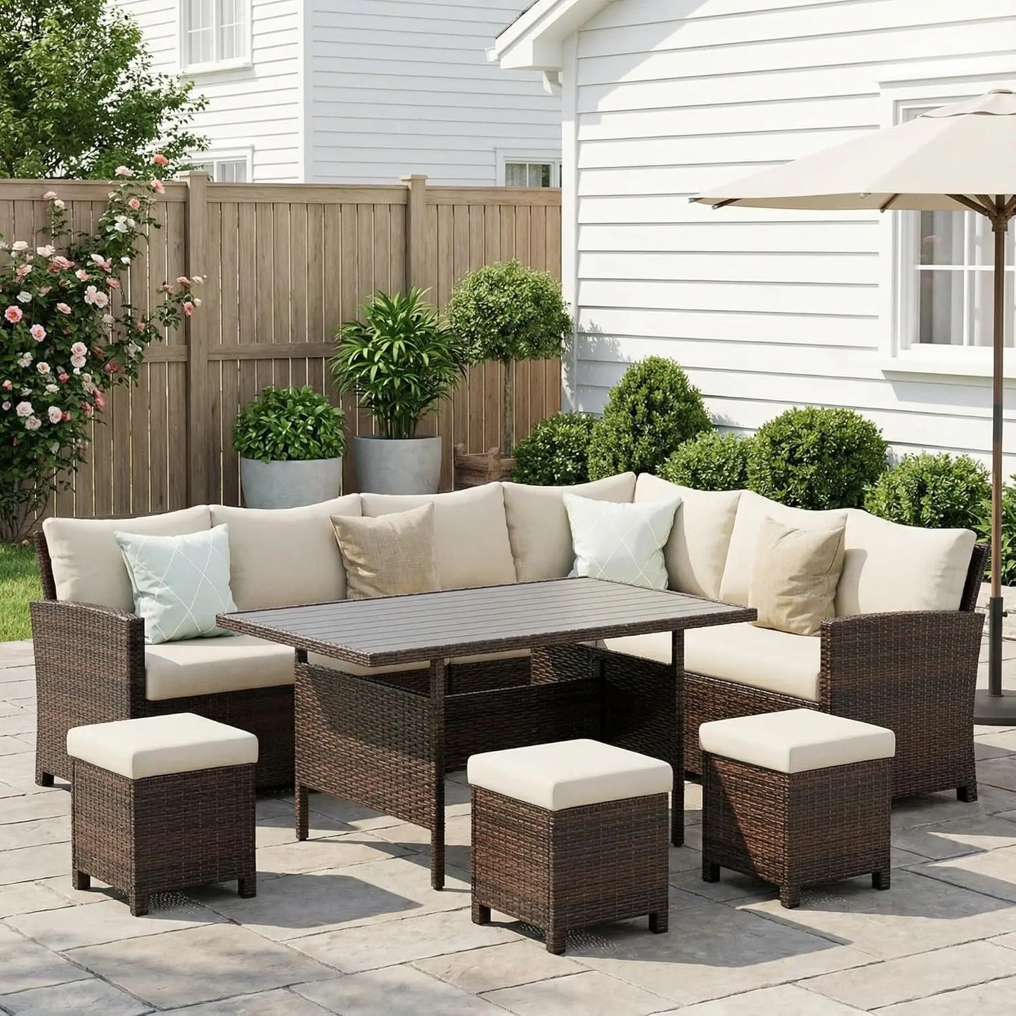 7 Piece Patio Furniture Set, High Curved Back, Wicker, All Weather Outdoor