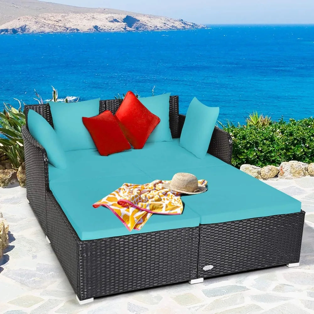 Outdoor Rattan Daybed – Wicker Sunbed with Spacious Seat, Upholstered Cushion & High‑Resilience Sponge
