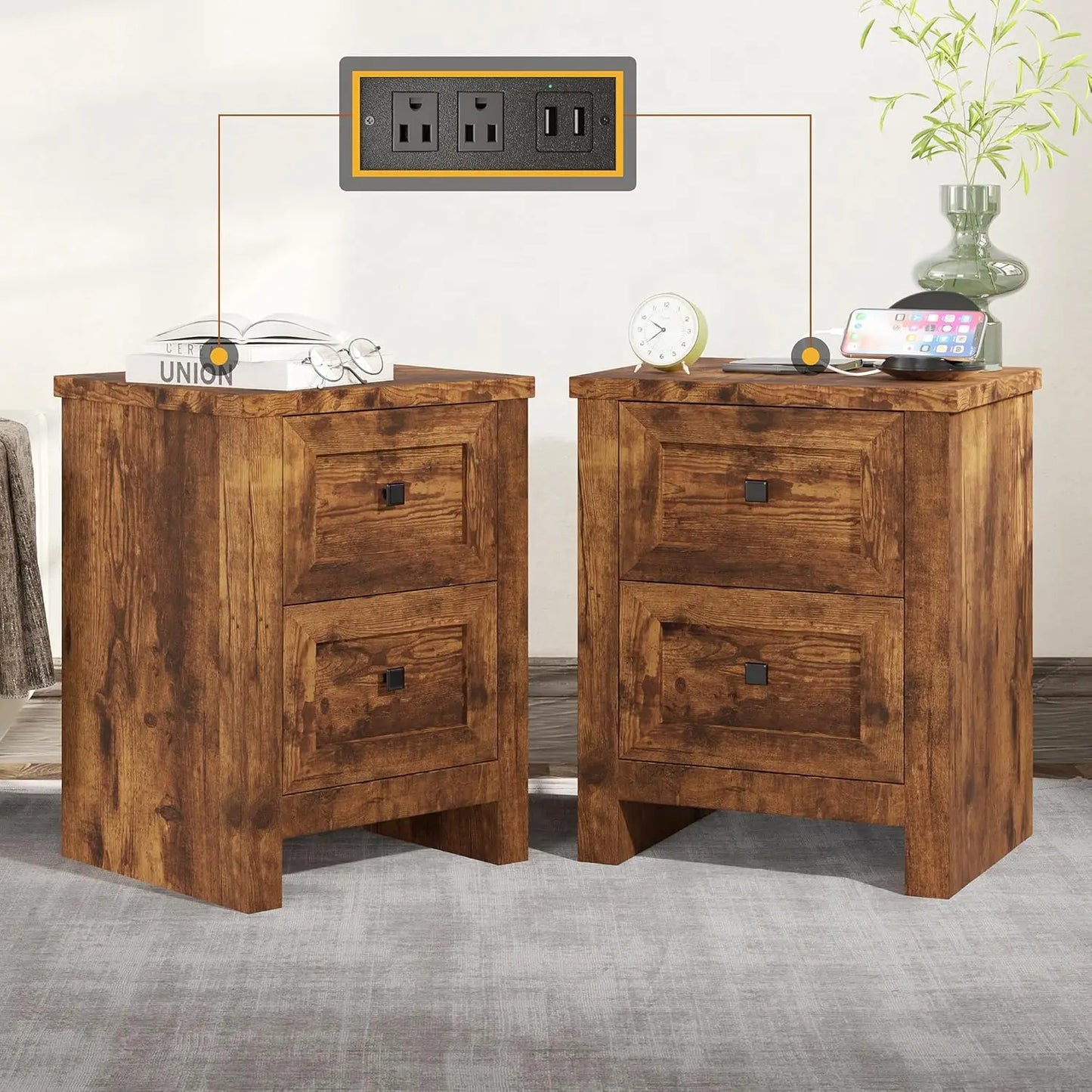 Set of 2 Farmhouse Nightstands – Rustic Bedside Tables with Storage & Charging Outlets
