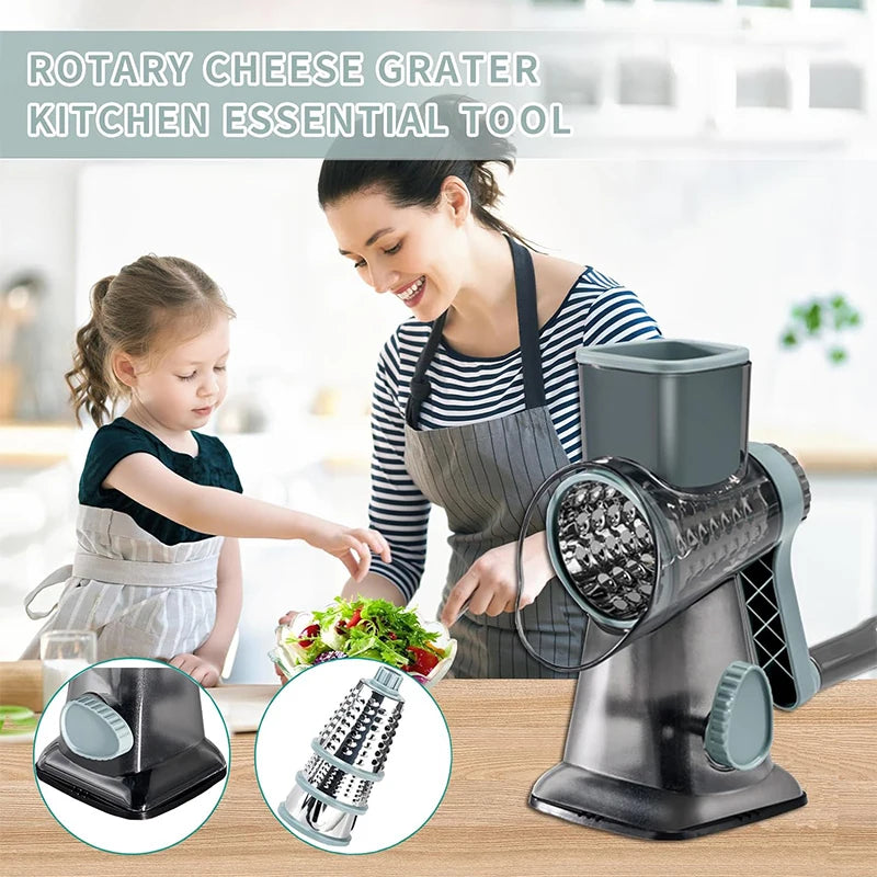3‑in‑1 Rotary Cheese Grater – Manual Vegetable Slicer & Nut Grinder with Clear Hopper