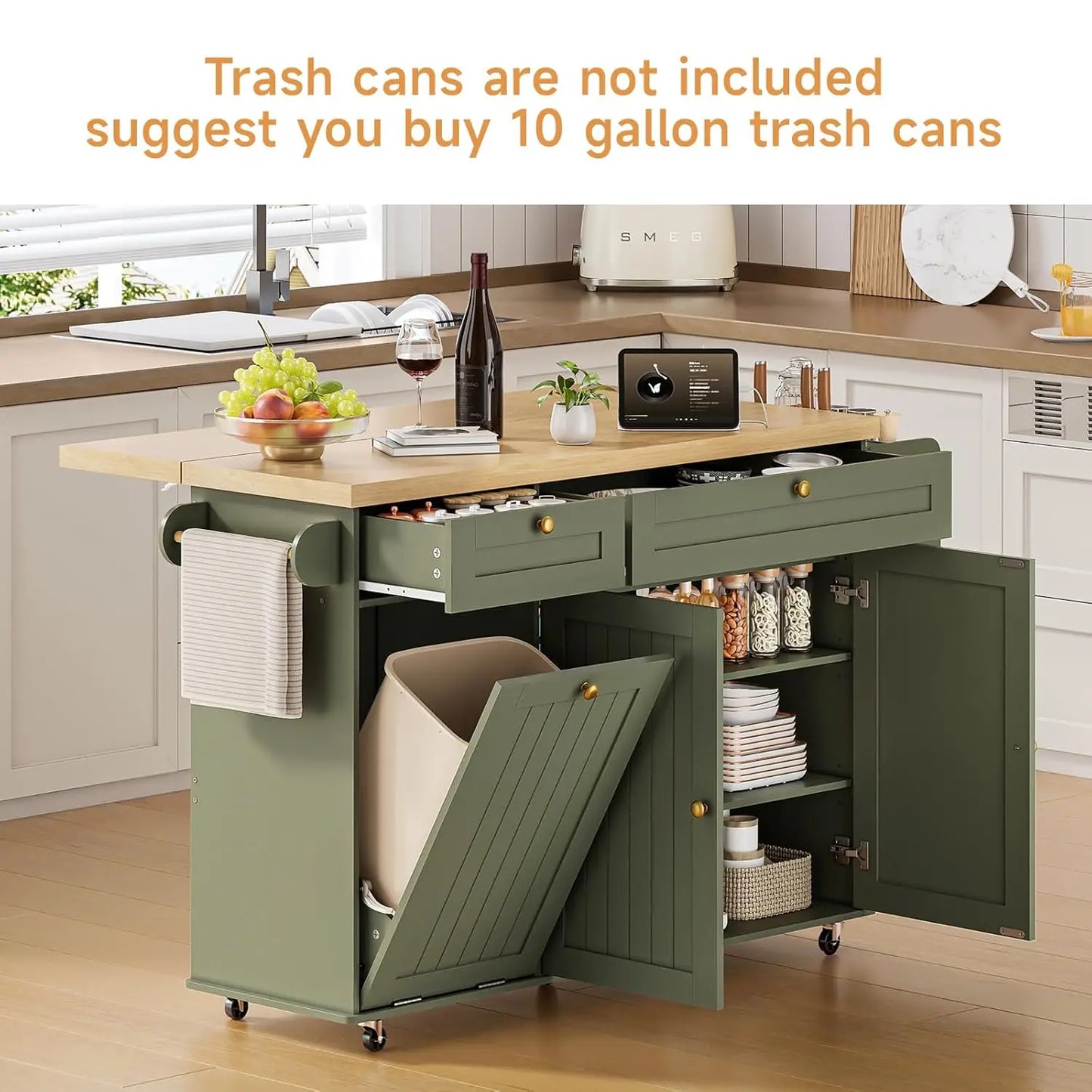 60" Kitchen Island with Power Outlet & Drop Leaf, Rolling Kitchen Island with Spice Rack, Towel Rack & Knife Slot