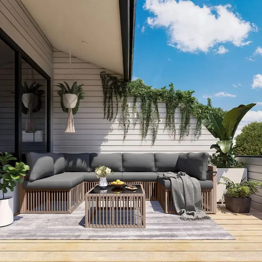 7 Piece Outdoor Sectional Sofa Set, AllWeather with Washable Cushions, Waterproof Brown Rattan Wicker