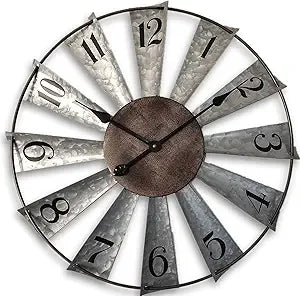 30-inch Windmill Distressed Metal Wall Clock, Rustic, Non-Ticking, Battery