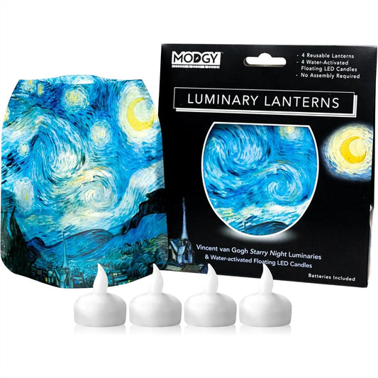Luminary Lanterns with Flameless Floating LED Candles – Indoor/Outdoor Decorative Centerpieces, Van Gogh Inspired