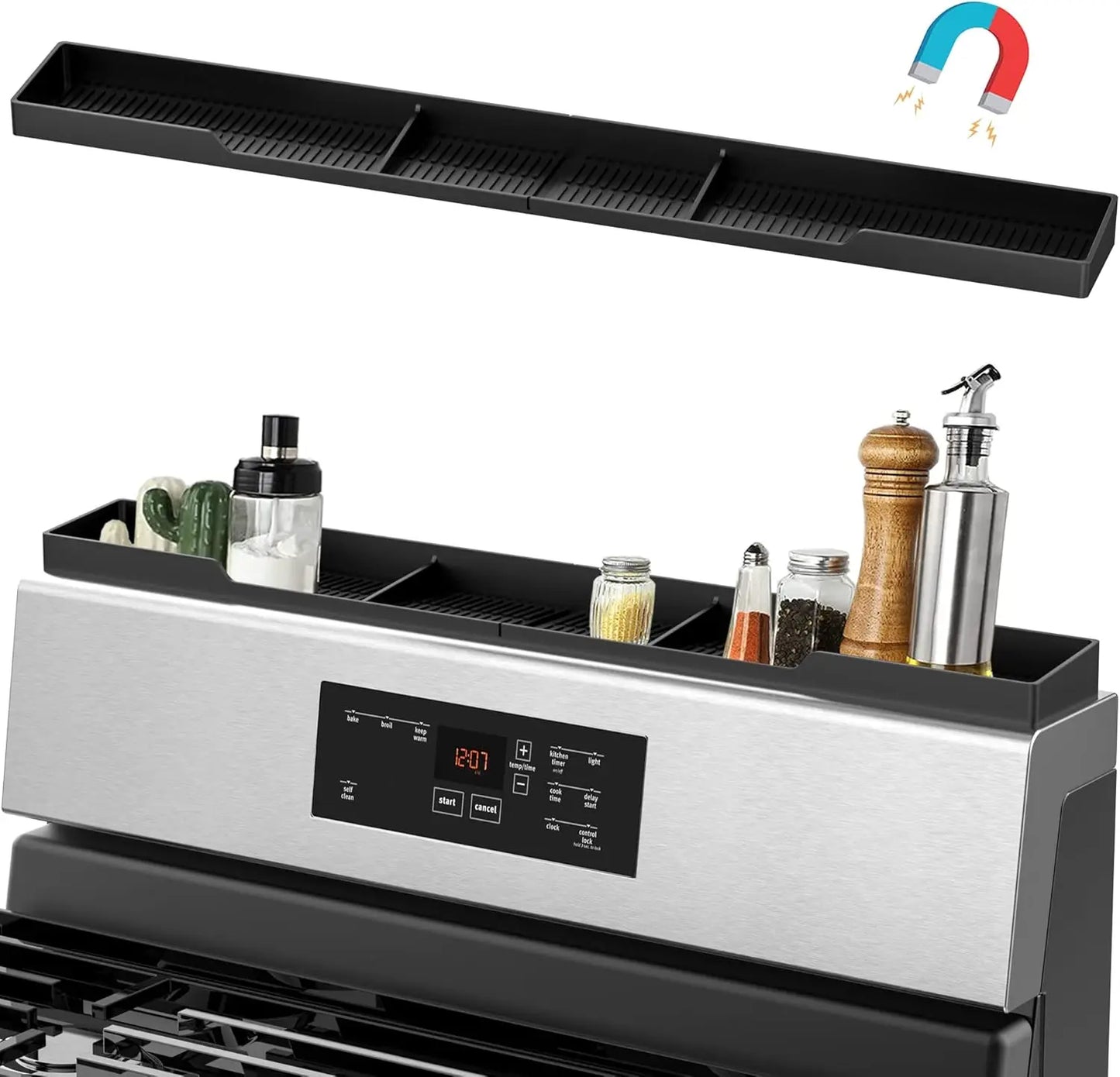 Magnetic Stove Top Shelf with 3 Partitions, Silicone Material for Kitchen Spice Rack Organizer in Black