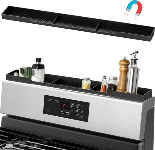 Magnetic Stove Top Shelf with 3 Partitions, Silicone Material for Kitchen Spice Rack Organizer in Black