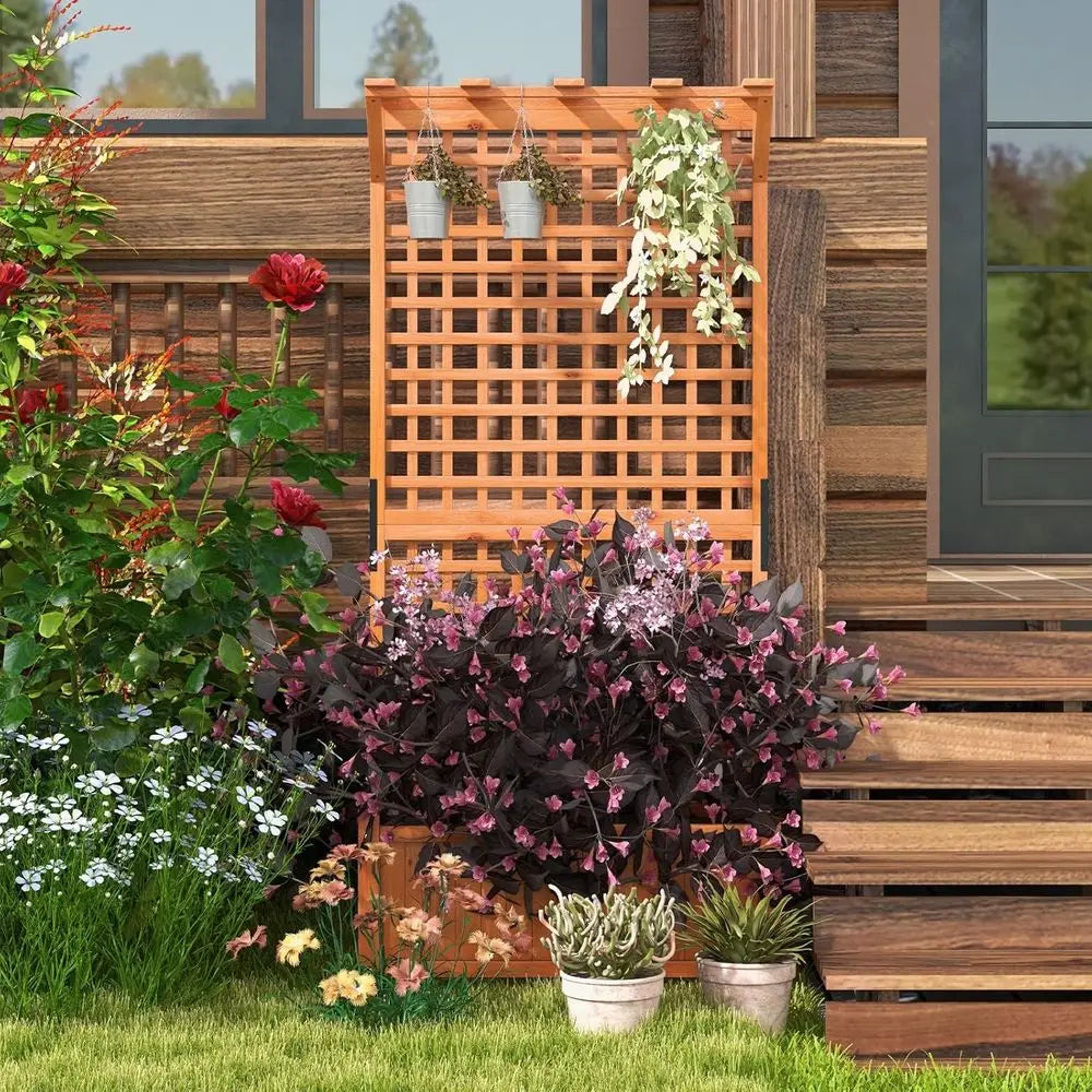 72.5 Tall Wooden Planter Box with Trellis, Hanging Bar, Drainage, and Lattice Panel for Climbing Plants