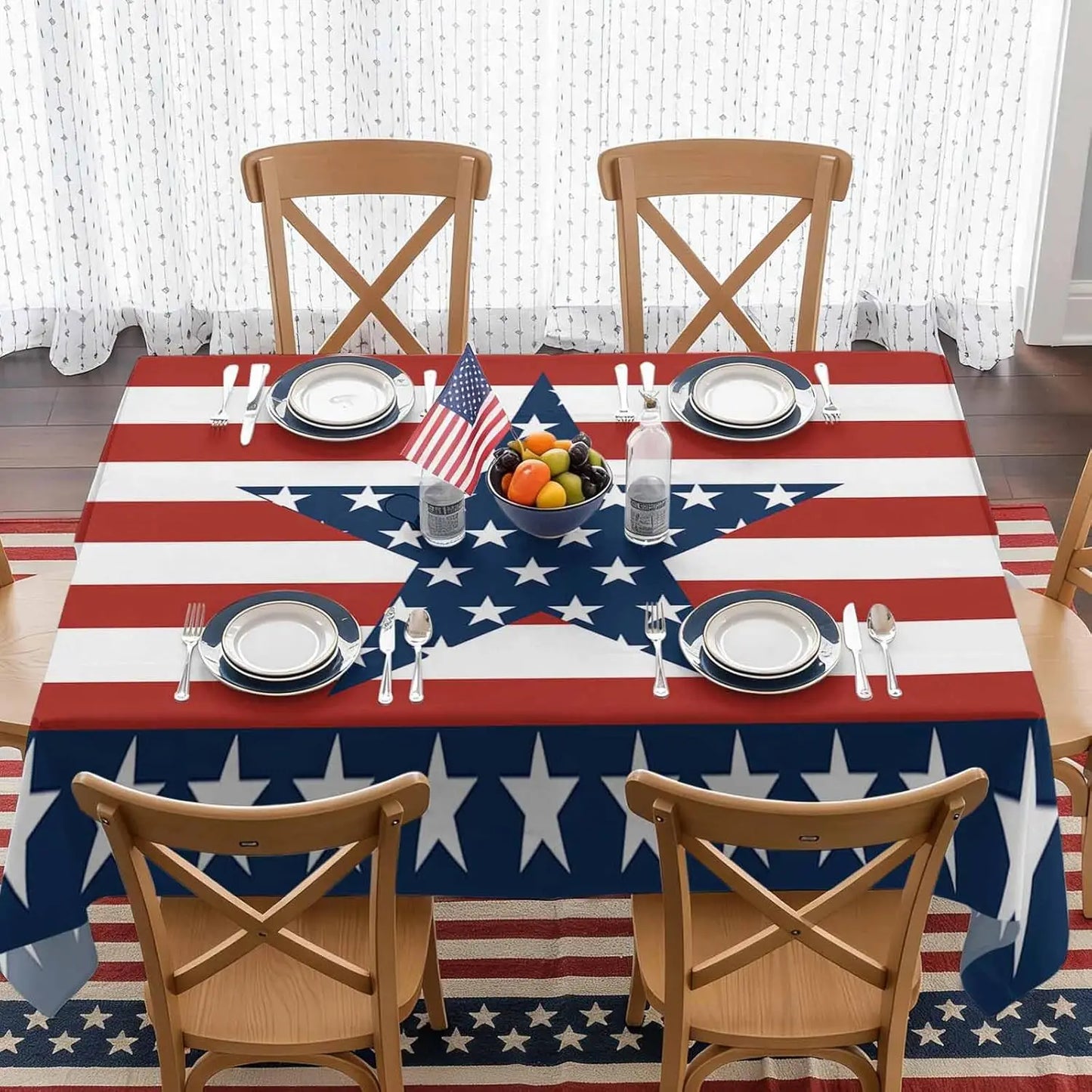 4th of July Patriotic Tablecloth – Red White Blue Stars & Stripes Table Cover for Holiday Party Decor