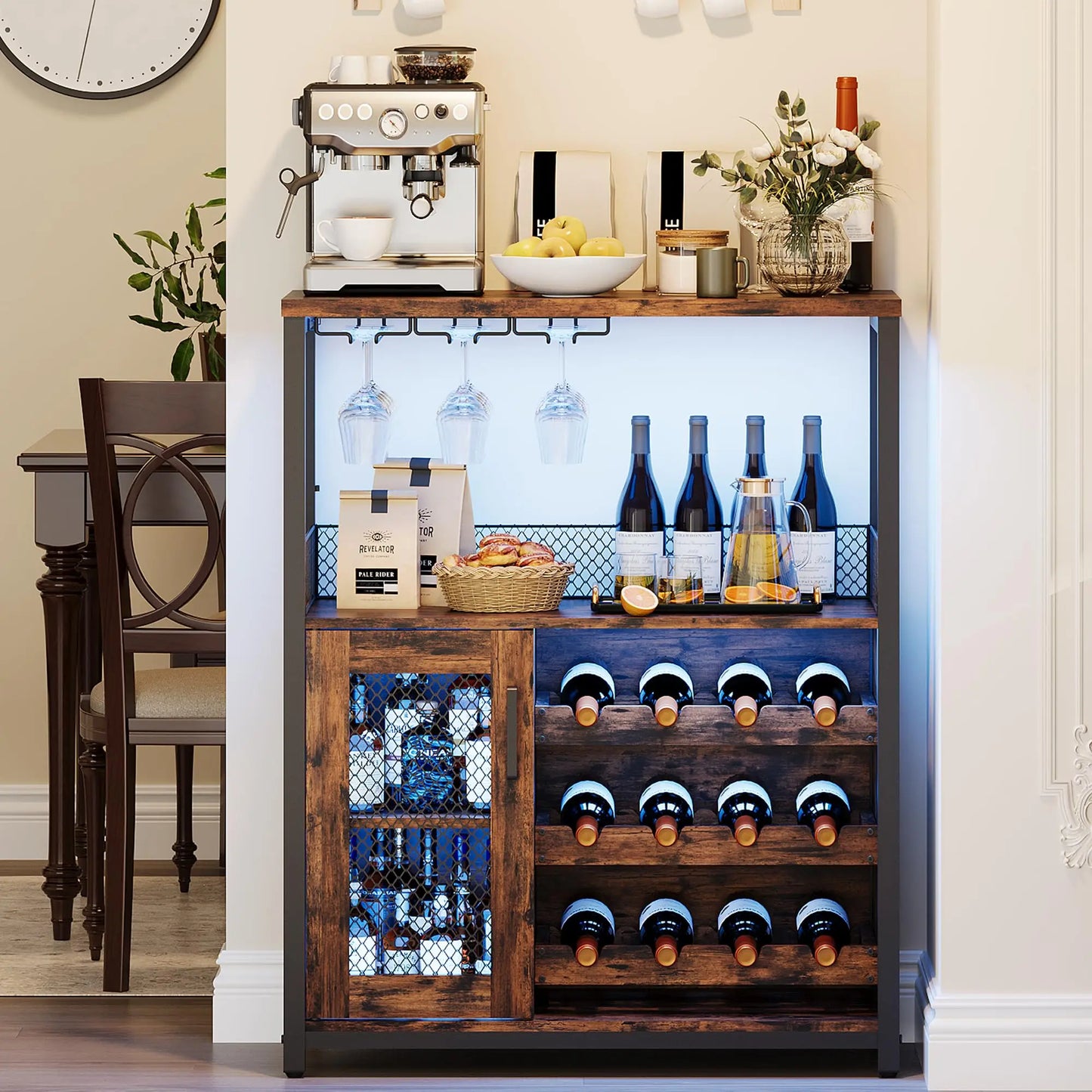 Vintage 3-Tier Wine Bar Cabinet With Adjustable Shelves & Glass Holder