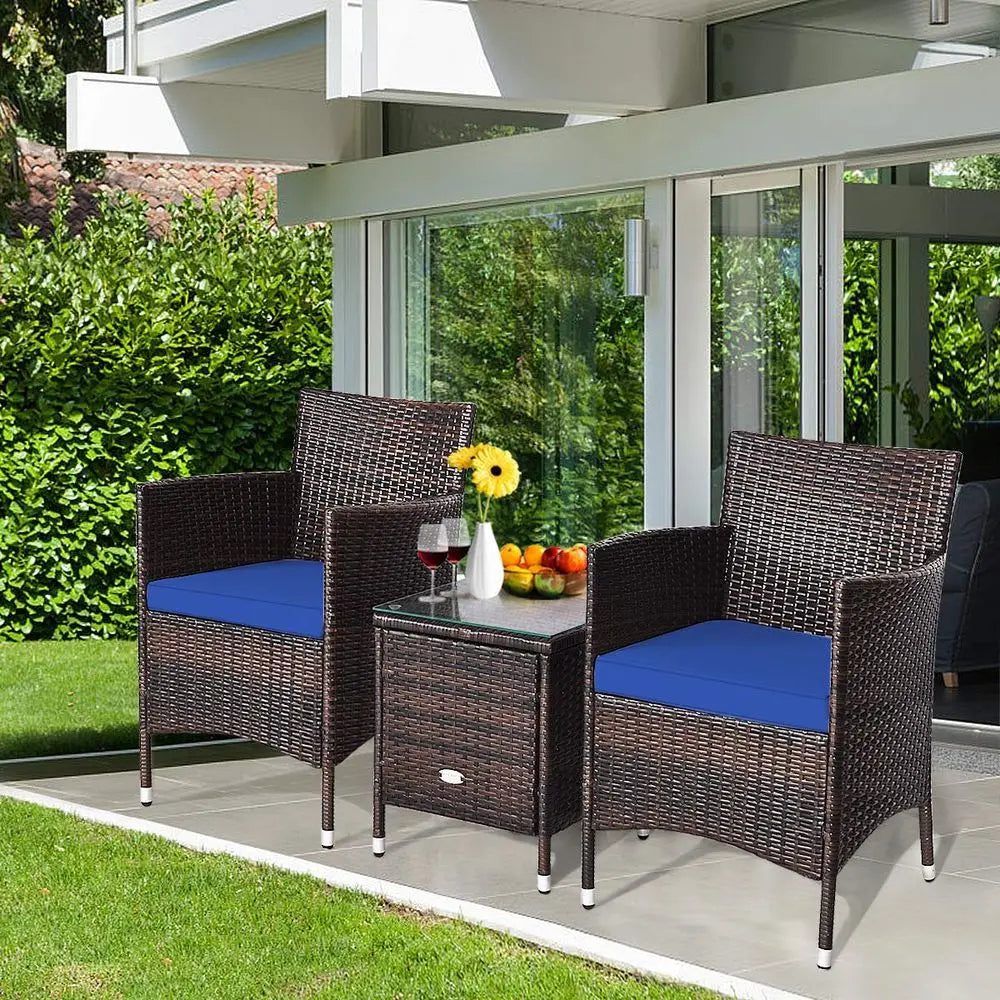 3‑Piece Rattan Patio Furniture Set – Two Wicker Chairs & Tempered Glass Coffee Table