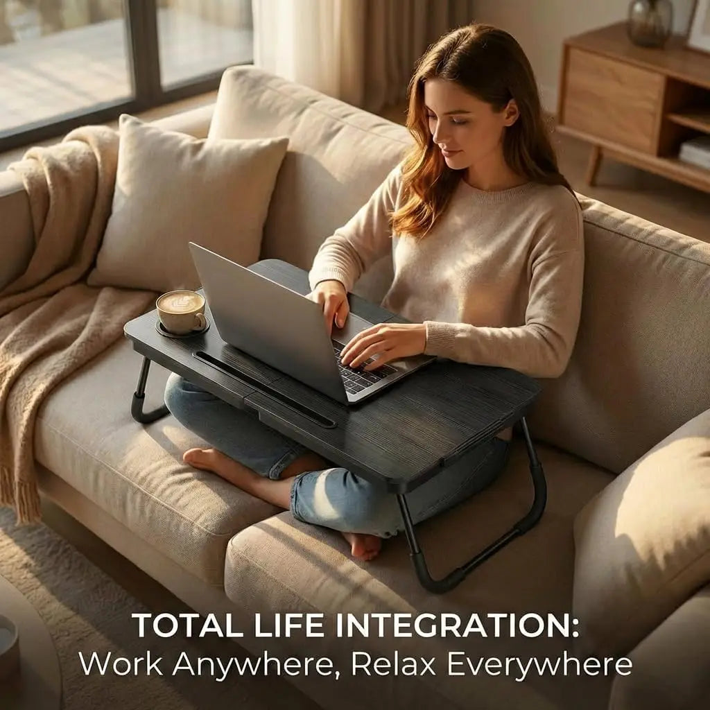 Large Foldable Laptop Tray – Bed/Sofa Desk with Cup Holder & Tablet Slot for Eating, Writing & Studying