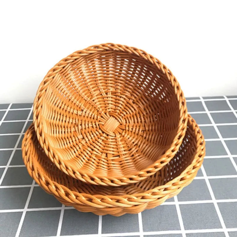 Natural Rattan Fruit Basket – Round Woven Food Storage & Serving Bowl for Bread, Snacks, and Desserts
