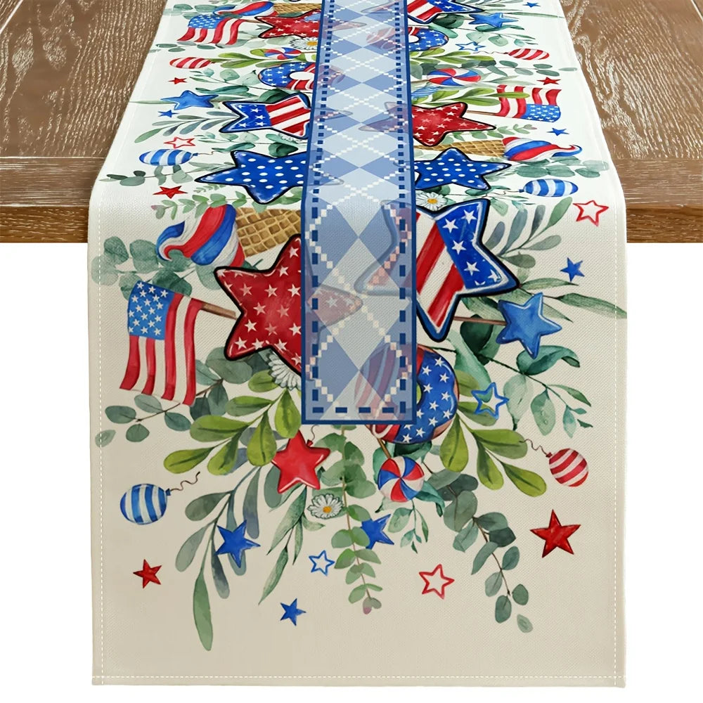 Independence Day Patriotic Table Runner, Linen 2D Print, USA Flag Star Table Decor for Dining Room & Kitchen, or Outdoors