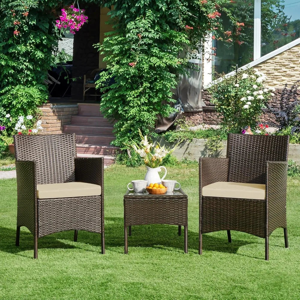3-Piece Outdoor Patio Set: Rattan Chairs, Cushions, & Glass Top Table