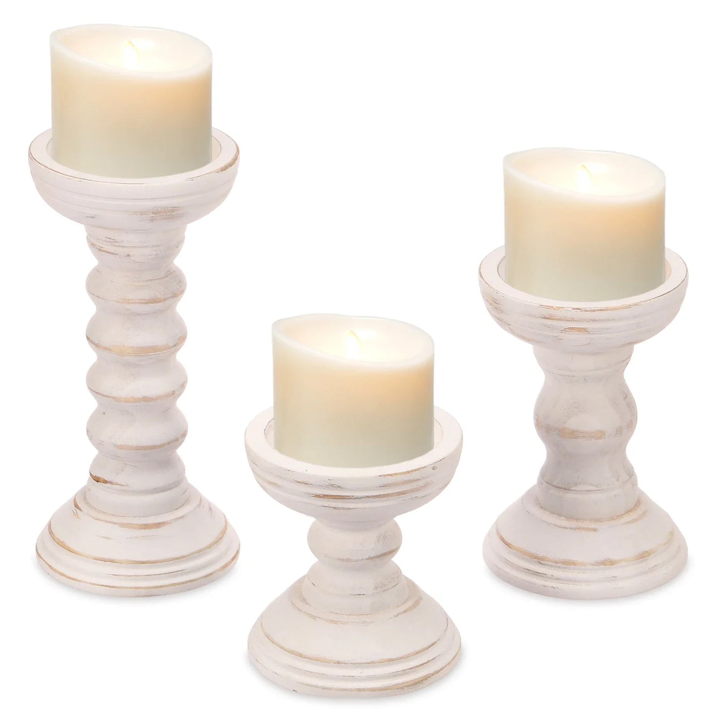 Whitewashed Wooden Pillar Holders – Vintage Carved Candle Stands (Set of 3)