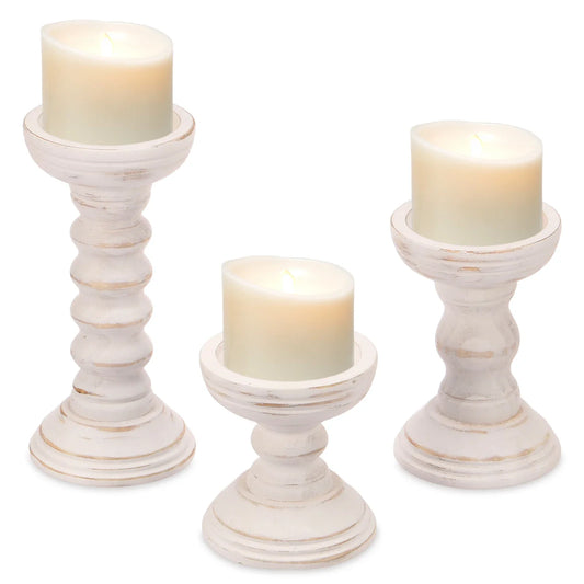 Whitewashed Wooden Pillar Holders – Vintage Carved Candle Stands (Set of 3)