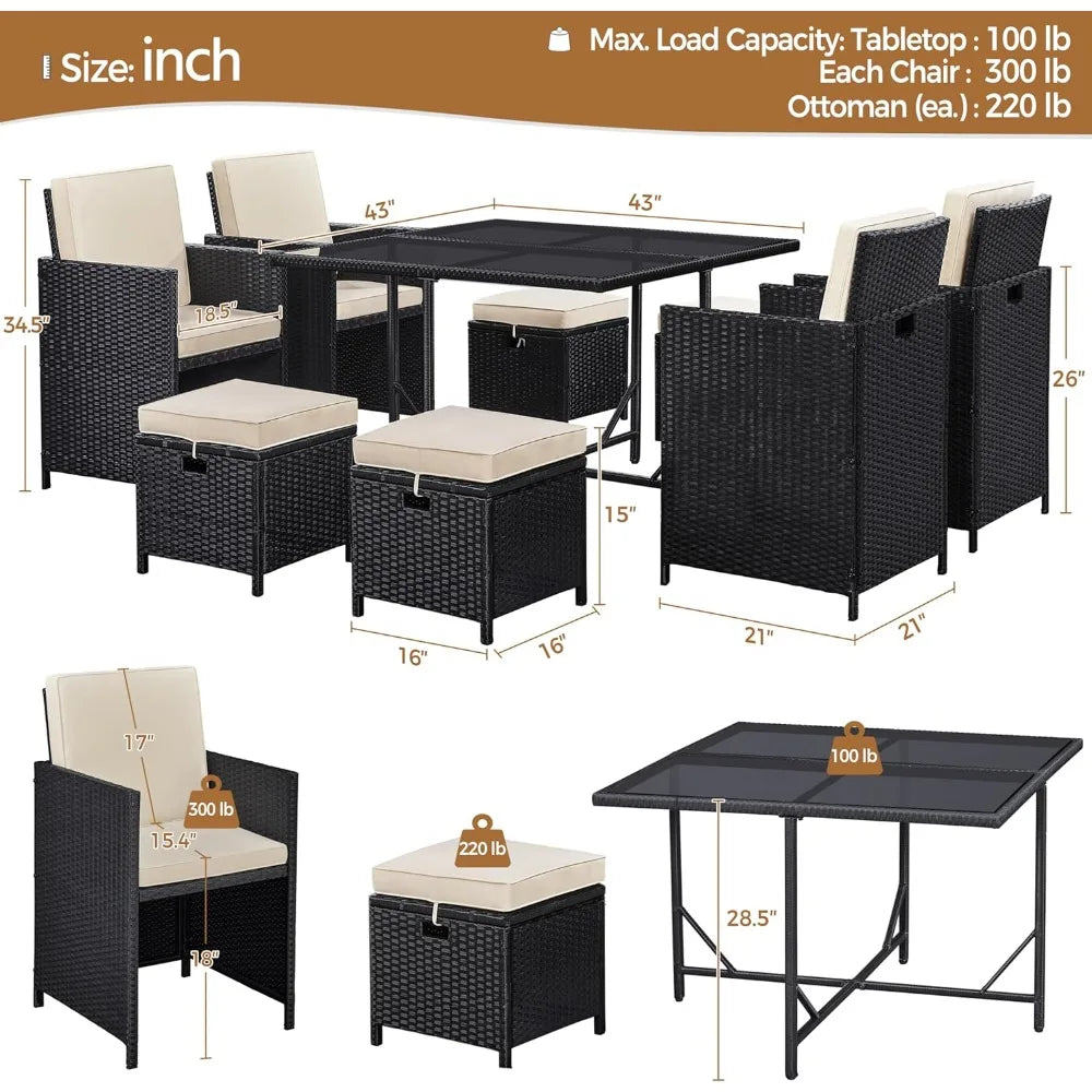 9‑Piece Patio Dining Set – Space‑Saving Rattan Chairs with Glass Table, Wicker Outdoor Conversation Furniture