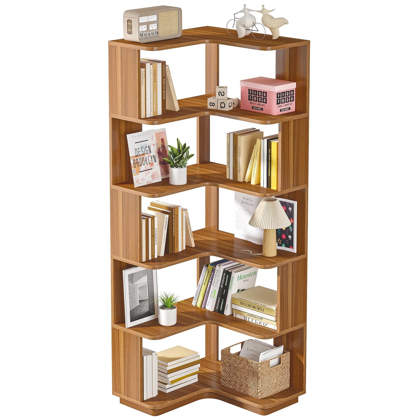 65" Tall Industrial Corner Bookshelf | 6-Tier Storage Bookcase with Anti-Drop Panels
