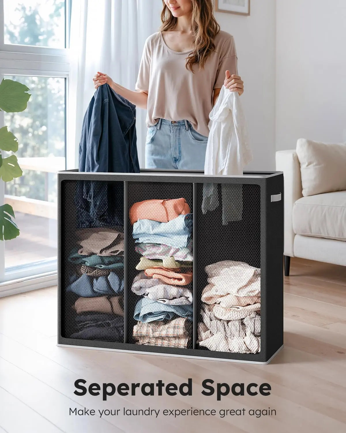 Extra Large Laundry Hamper with Lid, 3-Section Organizer for Laundry Room and Bedroom, Includes 3 Sturdy Handle Bage
