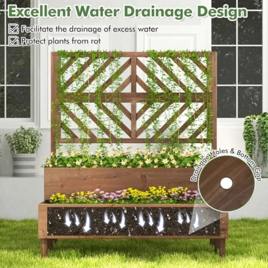 Outdoor Wooden Raised Garden Bed – 2‑Tier Planter Boxes with Trellis & Drainage Holes (Brown)