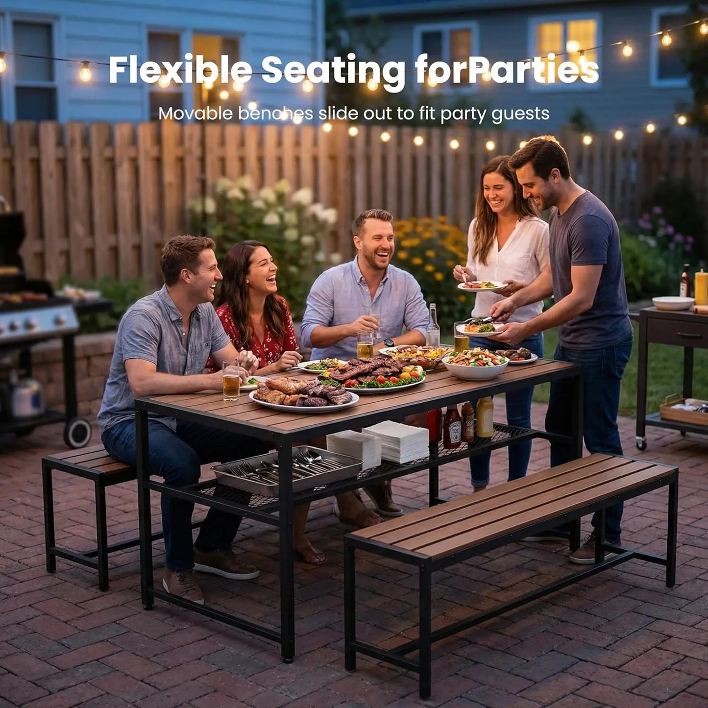 55" HDPE Picnic Table Set – Umbrella Hole, Shelf & 2 Movable Benches, All‑Weather Metal Frame