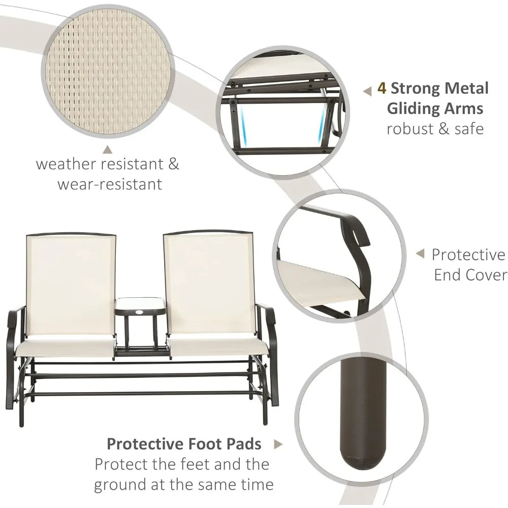 Outdoor Glider Bench with Center Table, Metal Frame Patio Loveseat, Breathable Mesh Fabric, with Armrests