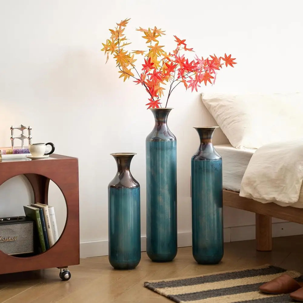 Set of 3 Large Metal Decorative Vases – Elegant Glazed Vase Trio for Living Room, Entryway, Hallway & Dining Room Décor