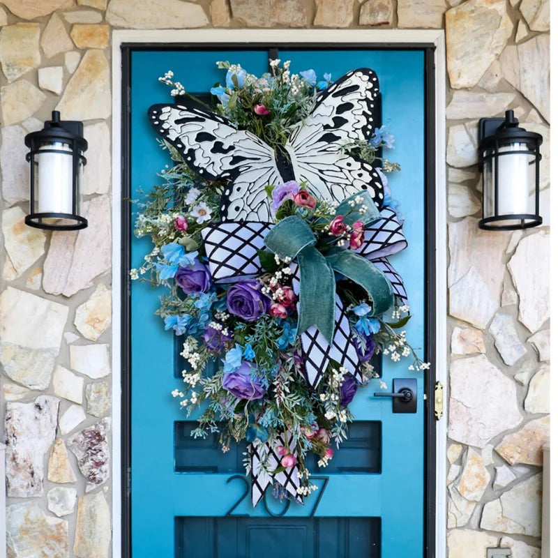 Spring & Summer Rose Butterfly Wreath – Artificial Floral Front Door Decoration
