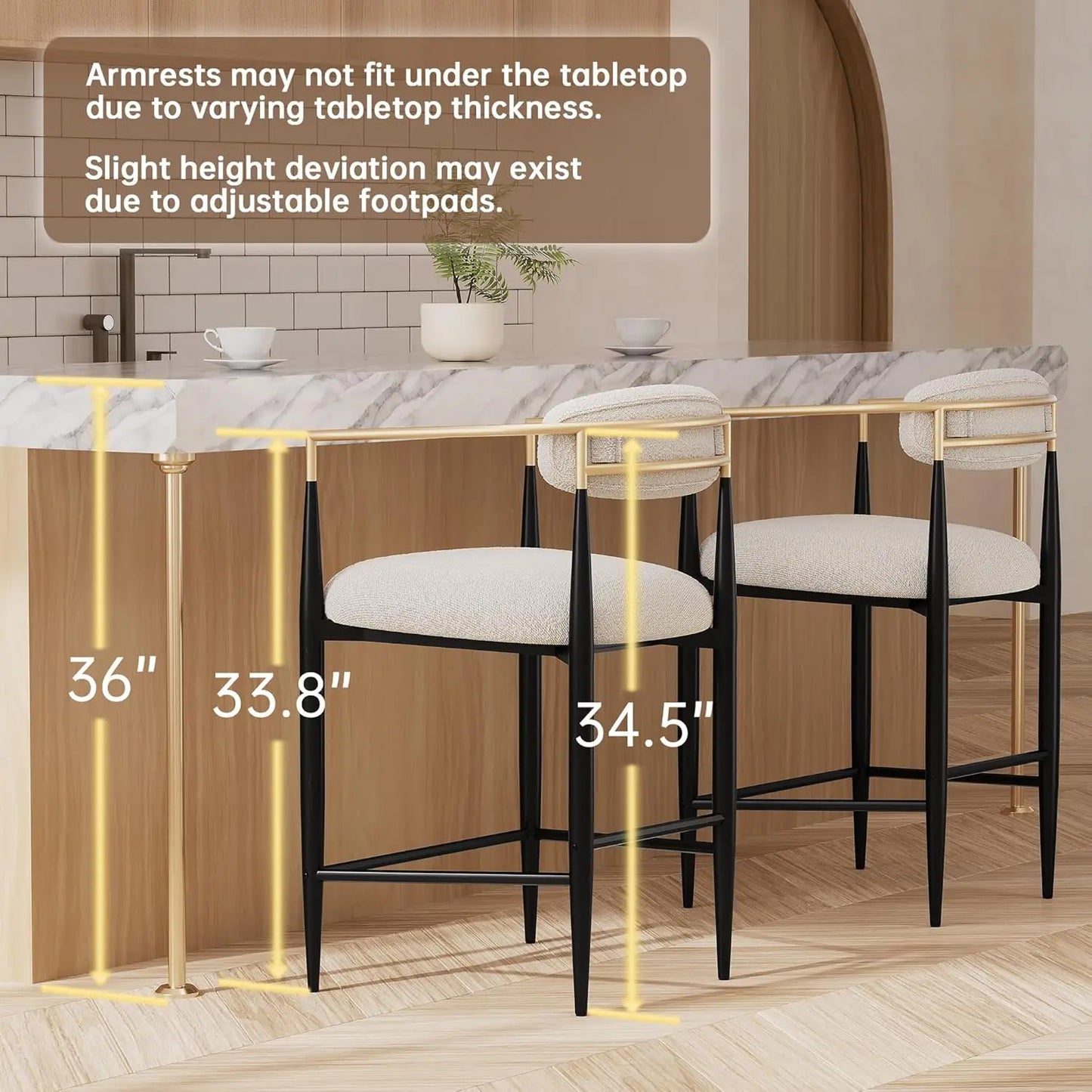 Modern Upholstered Counter Height Bar Stools Set 4 - High Back Black Metal Legs 26in