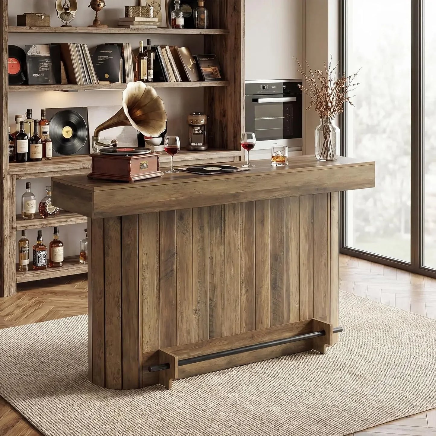 63-Inch, 3-Tier Wooden Home Bar Table with Metal Footrest