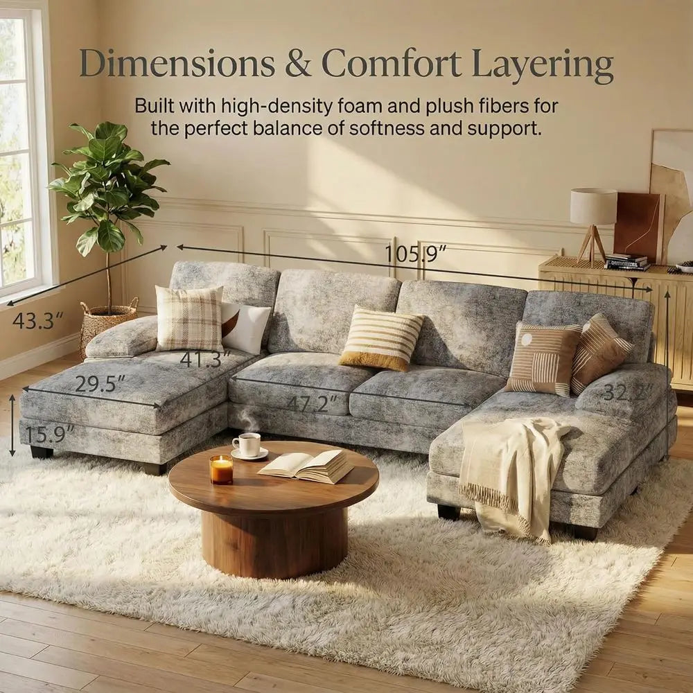 Grey Chenille 4-Seat Sectional Sofa with Removable Pillows