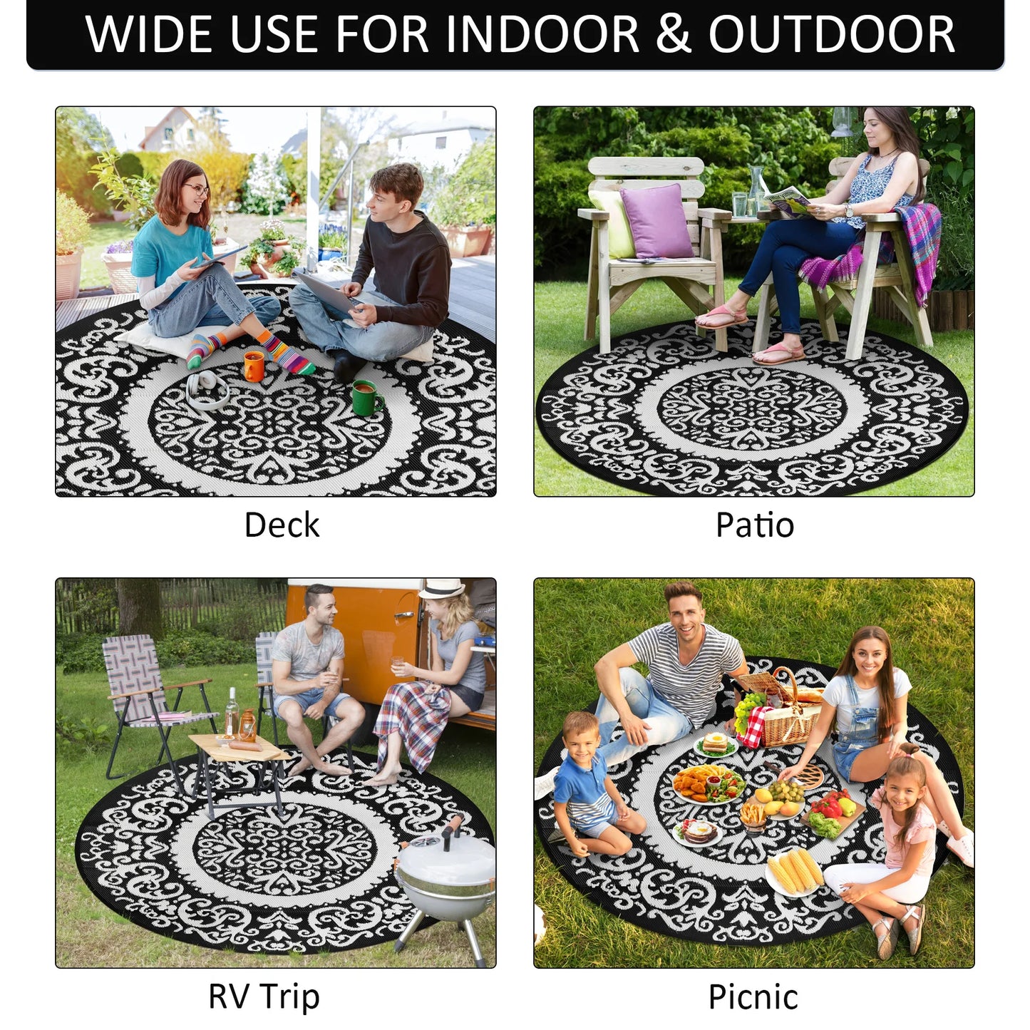 8ft Round Outdoor Patio Rug, Reversible,Lightweight