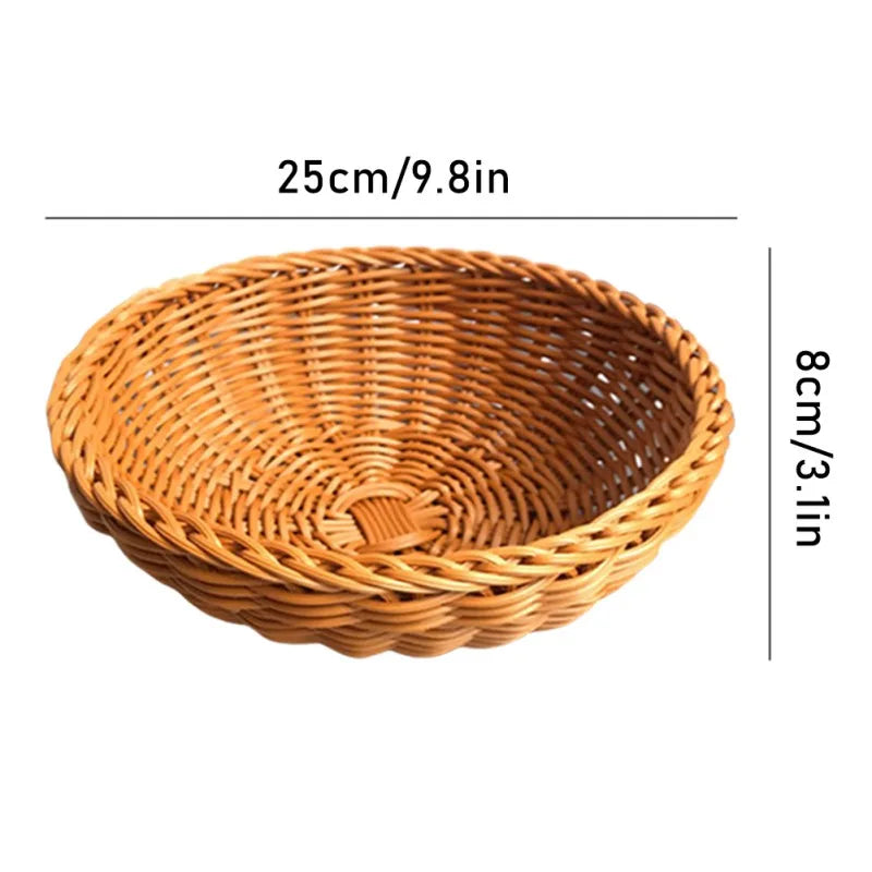 Natural Rattan Fruit Basket – Round Woven Food Storage & Serving Bowl for Bread, Snacks, and Desserts