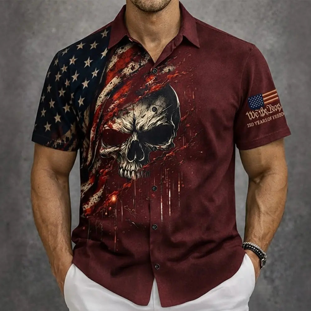 Men's Skull US Flag America's 250th Anniversary Shirt Button Up Shirt Short Sleeve Patriotic Outdoor Holiday Summer shirts
