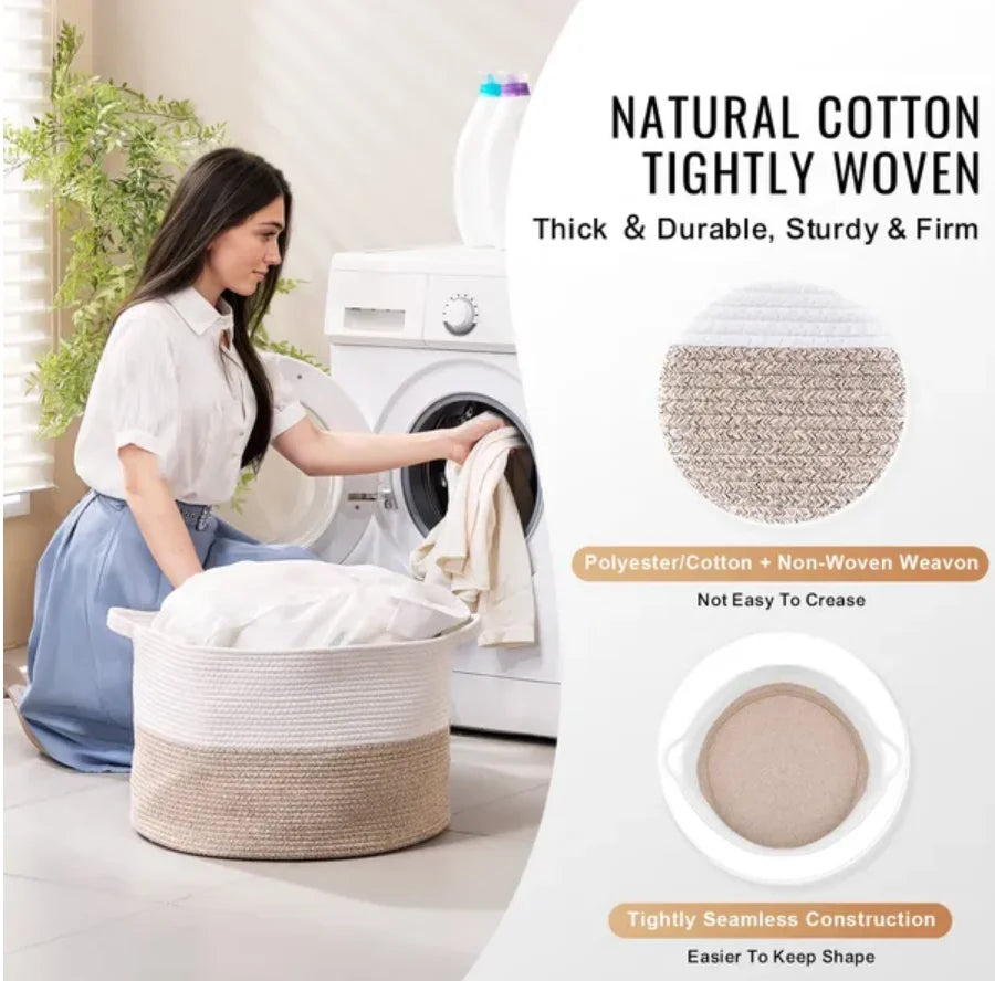 Cotton Rope Storage Basket - Woven Blanket Basket 20 x 20 x 13 in