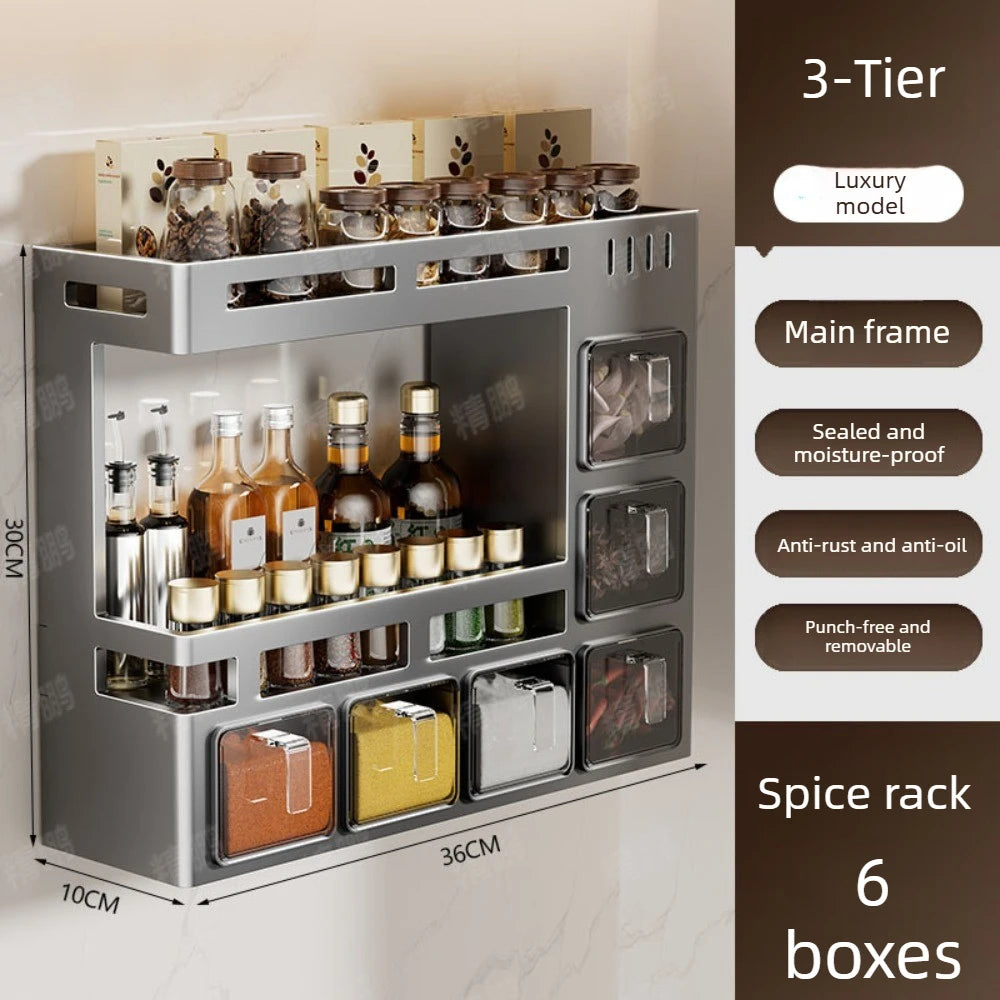 No‑Drill Wall‑Mounted Spice Rack – Carbon Steel Pull‑Out Seasoning Organizer for Kitchen
