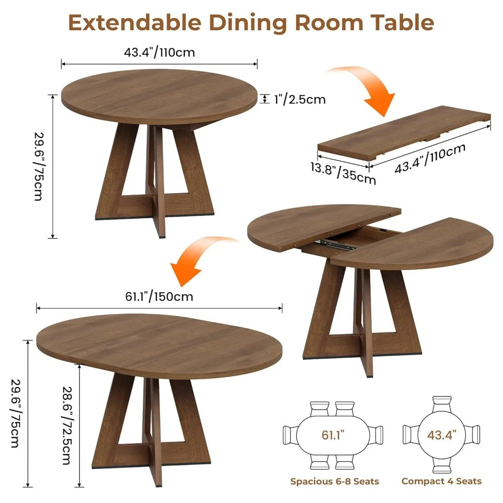 Extendable Round Dining Table for 4-8, Modern Kitchen Oval Dining Table with Removable Leaves Space Saving, Wood Base