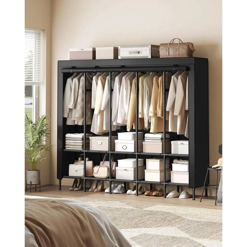Portable Steel Closet Organizer with Fabric Cover, 5 Rails, 10 Shelves, Black