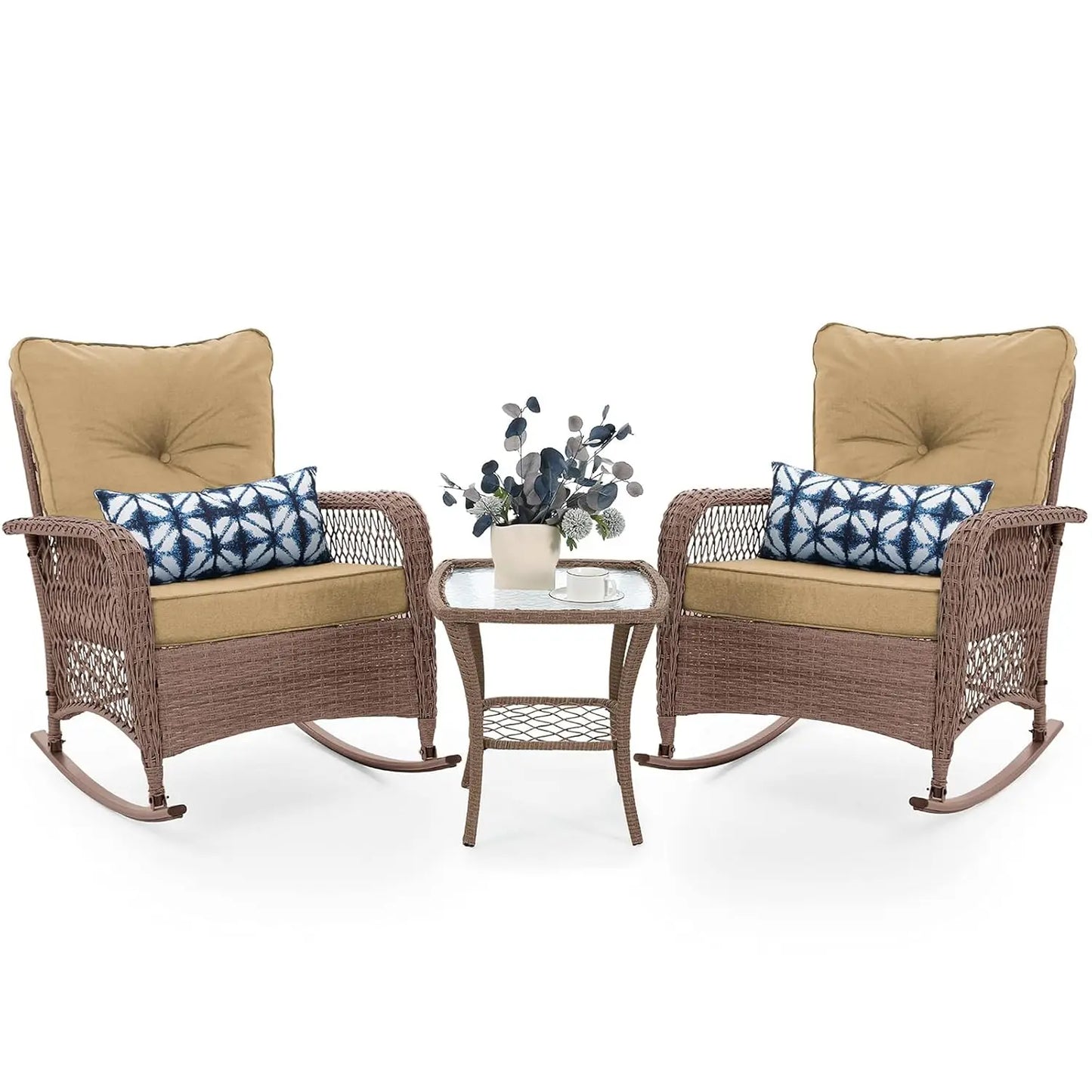3‑Piece Outdoor Wicker Rocking Set – 4" Thick Cushions & Side Table for Porch, Balcony & Poolside